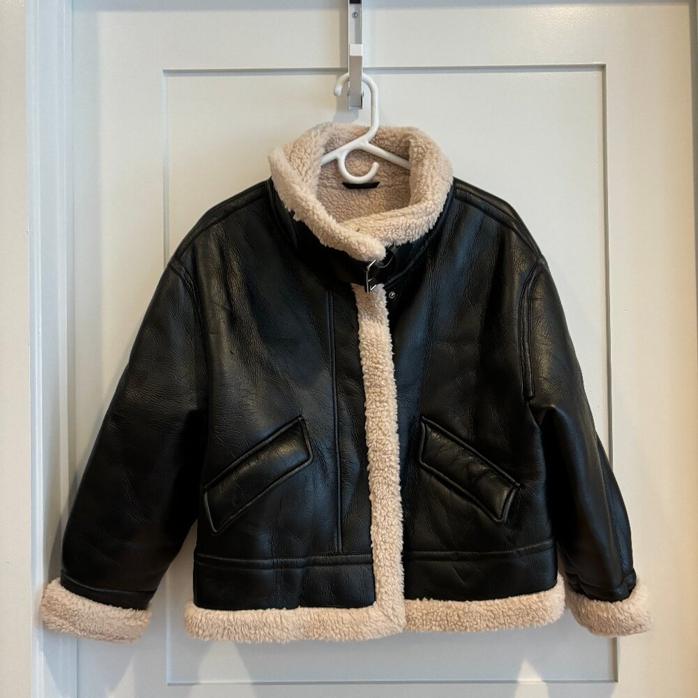 Commense Black Faux Leather Bomber Jacket with Cream Sherpa Trim